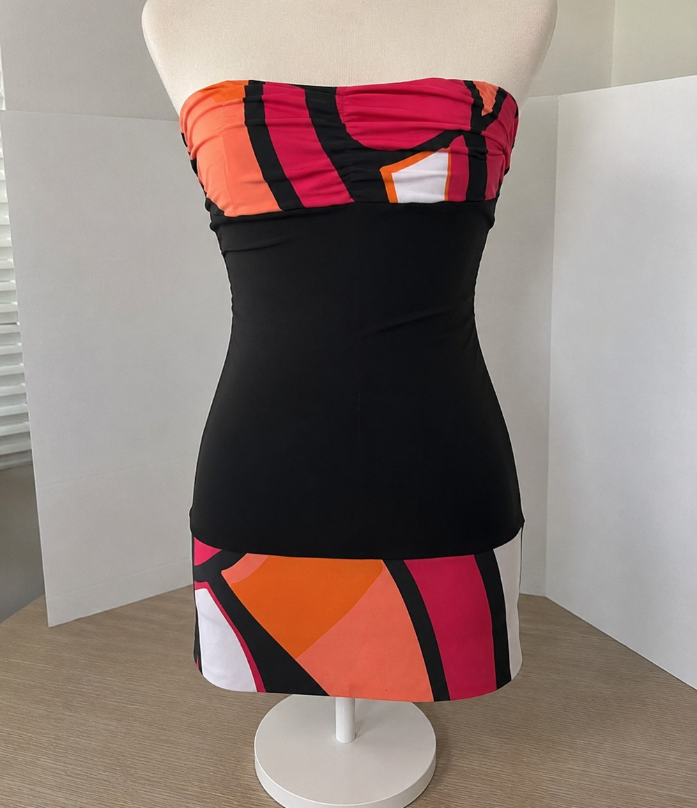 Eva Varro Strapless Bodycon Mini Dress Black Pink Orange Geometric Stretch